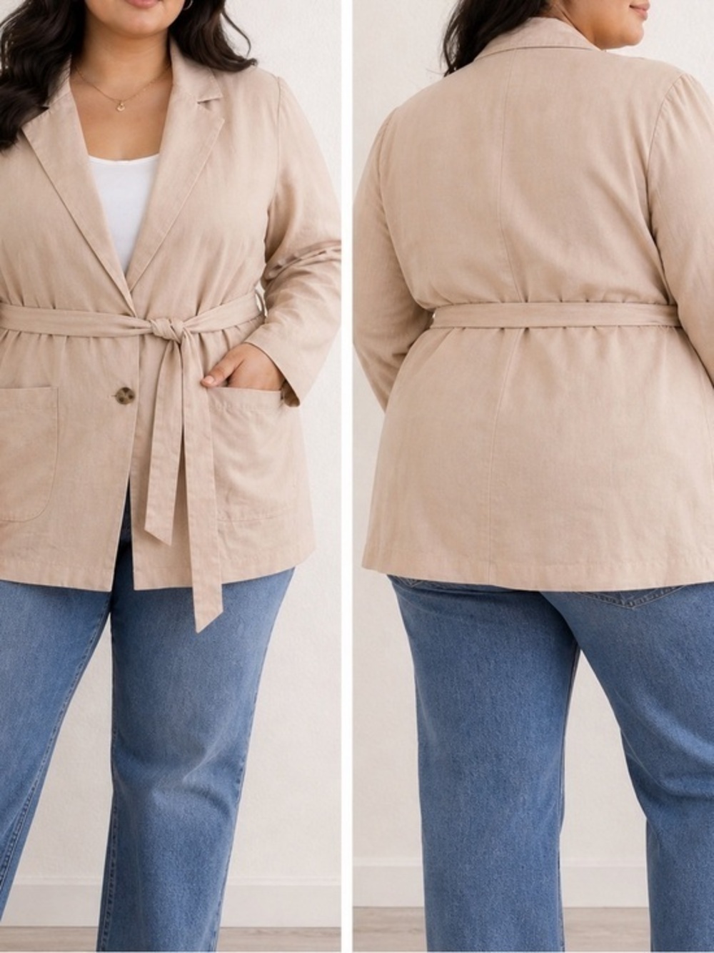 LPA Jino Linen Blend Blazer Tan Belted Jacket Lightweight Neutral Coat